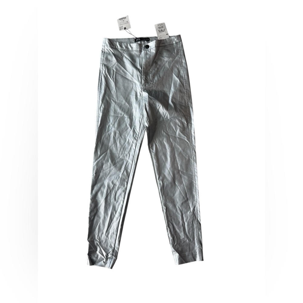 New Zara Faux Leather Silver Mid-rise Leggings Women Size Medium